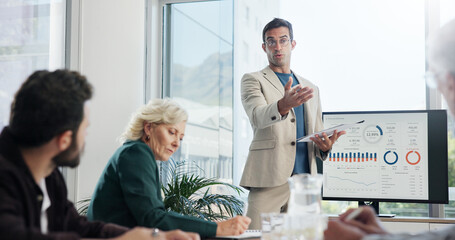 Leinwandbilder - Presentation, computer screen and business people in office for company profit, revenue or dividend. Discussion, professional and financial manager with group of investors for investment planning.