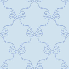 Poster - Cute pastel blue line art bow vector repeat seamless pattern, adorable ribbon print tile