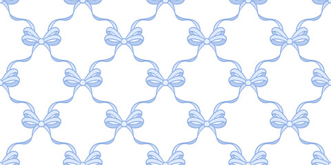 Poster - Pastel blue cute ribbon vector pattern background with bows, adorable girly wallpaper design