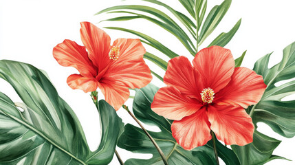 Wall Mural - vibrant red hibiscus with lush green leaves