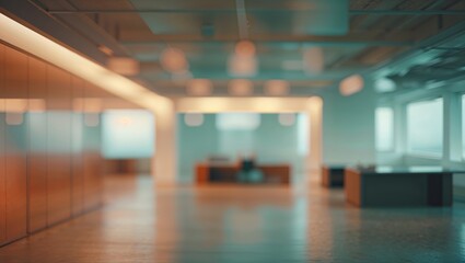 Poster - Office interior with modern architecture, soft lighting, and blurred foreground in a spacious environment during the day