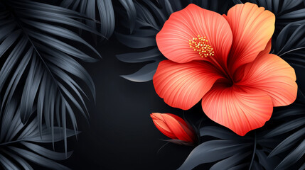 Wall Mural - vibrant red hibiscus with dark foliage background