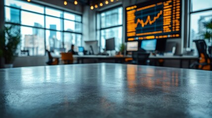 Poster - Empty desk in a modern office with stock market data displayed on a large screen