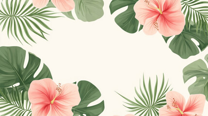 Wall Mural - tropical leaves and pink hibiscus flowers frame blank space