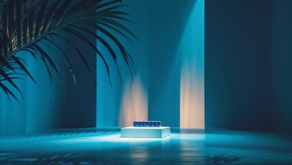 Poster - Illuminated blue structure showcased in modern minimalist interior with soft lighting and plant accents