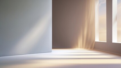 Poster - bright sunlight streams into a minimalistic indoor space creating warm reflections on the floor at s