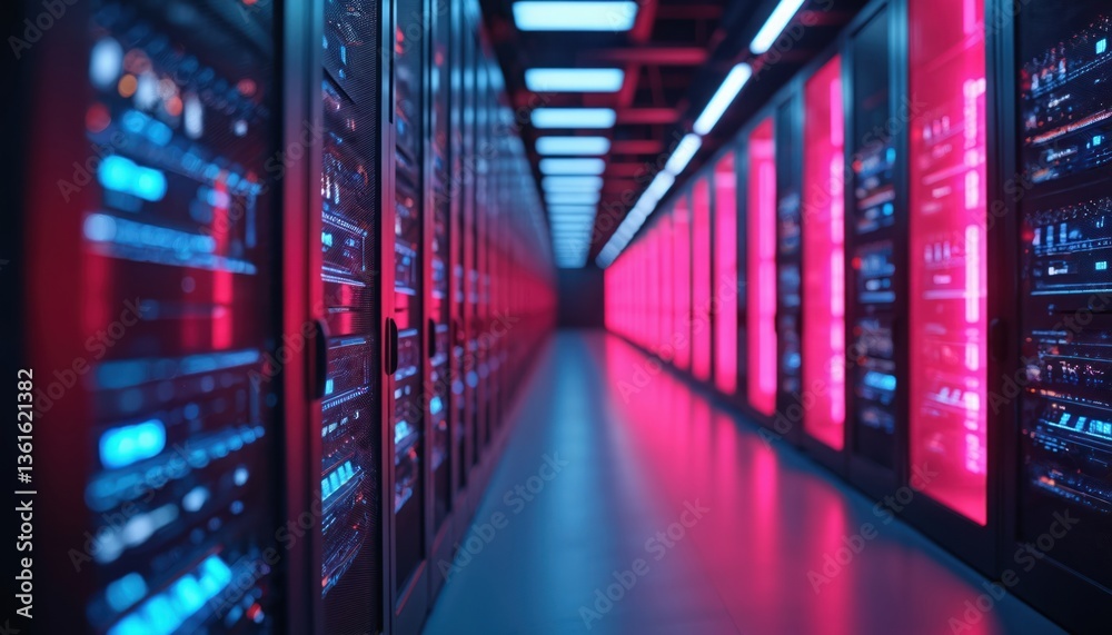 Hi-tech data storage server hallway. Cloud computing with neon glowing ...