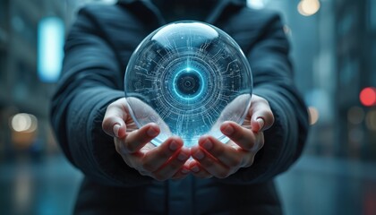 Poster - Human hands holding glowing robot eye sphere. Futuristic digital AI sphere, future tech concept. Person holds digital eye, future vision, control, innovation, business, science, technology.