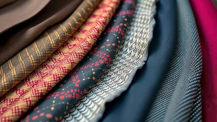 Poster - A pile of different colored fabrics, including blue, red, and brown. The blue fabric is on top of the pile