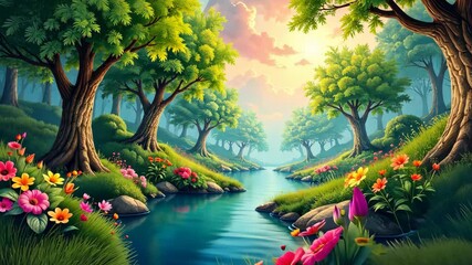 Poster - A river with a green forest on either side. The river is surrounded by rocks and has a lot of flowers growing along its banks