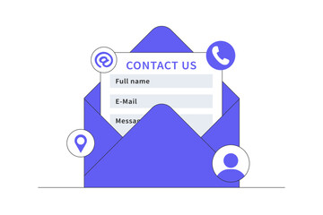 Poster - Contact us Customer care service, Online support, Hotline, Help desk, Mail letter communication form as information sending for assistance. Flat Cartoon Vector Illustration, icon. Stylish abstract 