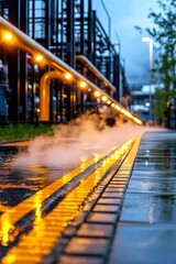 Poster - Ai generates industrial imagery of steam pipes and reflections urban setting photography evening detailed view
