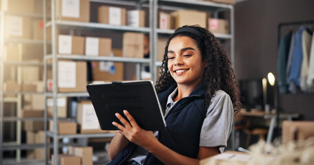Aufkleber - Supply chain, shipping and woman with tablet for delivery, logistics and inventory for ecommerce. Courier, warehouse and distribution with factory checklist for planning, order or supplier stock