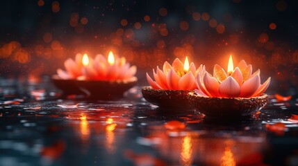 Aufkleber - Three lit lotus candles on dark reflective surface with bokeh lights and petals.