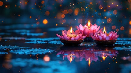 Poster - Three pink lotus flower candles float on dark water, reflecting light and bokeh.