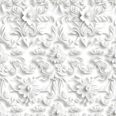Poster - Intricate white damask design adorns a wall, showcasing embossed details in exceptional clarity and realism, highlighting craftsmanship SEAMLESS PATTERN
