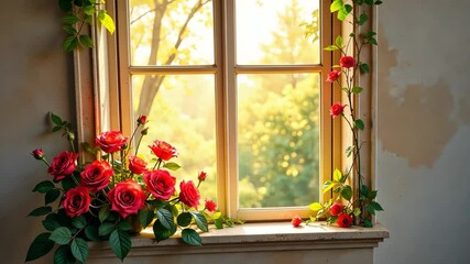Poster - A window with a bunch of red roses in it. The roses are in a vase and are placed on the window sill