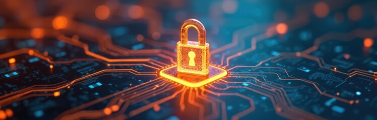 Poster - Glowing padlock icon digital data streams symbolizes cybersecurity. Orange blue hues striking contrast, highlighting tech, data protection, encryption, network, security, privacy, internet.