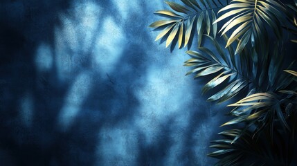 Poster - Tropical palm leaves cast shadows on a dark blue textured wall.