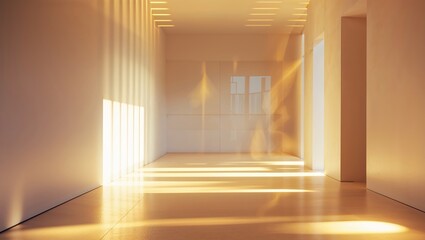 Poster - Light filters through an empty hall creating warm patterns on the floor during late afternoon