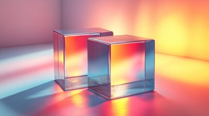 Poster - Two glass cubes illuminated by warm and cool light, creating a vibrant, modern display.
