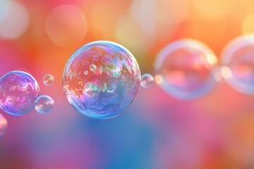 Poster - Colorful soap bubbles float against a vibrant blurred background on a sunny day