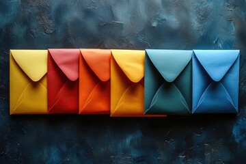 Poster - Colorful envelopes arranged in a row on a textured blue background showcasing creativity and organization in stationery