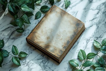 Poster - Old leather-bound book resting on marble surface surrounded by green leaves in natural light