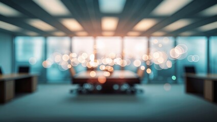 Poster - Conference room with blurred lights and modern decor during early morning hours