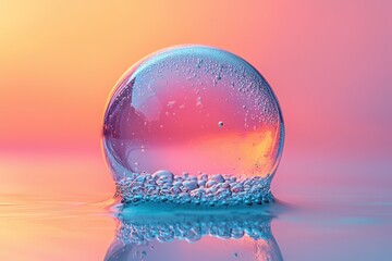 Aufkleber - Bubbles reflecting vibrant colors in serene water at sunset with soft light and gentle waves