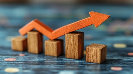 Poster - upward trending arrow on wooden bar graph showing growth and progress.