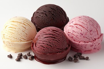 Poster - Delicious scoops of ice cream stacked together on a white background with chocolate chips beside them