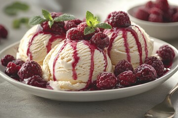 Poster - Delicious vanilla ice cream topped with fresh raspberries and berry sauce, perfect for a summer treat