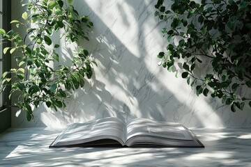 Aufkleber - Open book resting on a marble surface surrounded by greenery in soft afternoon light