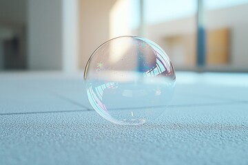 Aufkleber - Colorful soap bubble resting on a smooth surface in a well-lit indoor space