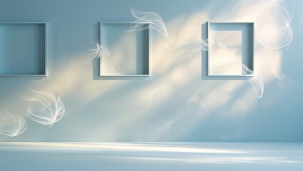 Poster - interior space with floating elements and empty frames capturing a serene moment of artistic inspira