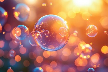 Poster - Colorful soap bubbles floating in the sunlight during a vibrant summer afternoon at a garden party