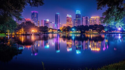 Poster - Vibrant cityscape skyline reflected in a calm lake at twilight.