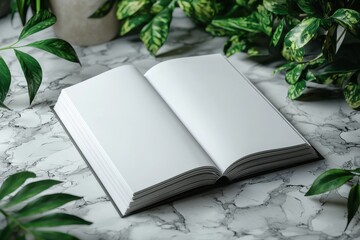 Aufkleber - Open blank book surrounded by lush greenery on a marble surface creates a serene reading atmosphere