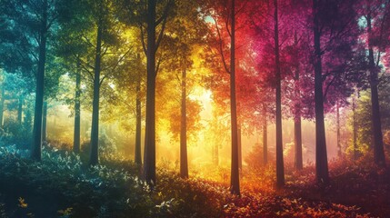 Aufkleber - vibrant, colorful forest path at sunrise with fog and multicolored trees.