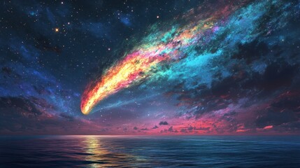 Poster - Vibrant comet streaks across a twilight sky above a calm ocean, reflecting in the water.