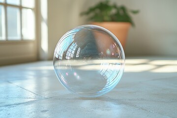 Poster - Translucent sphere resting on smooth floor with sunlight streaming through windows