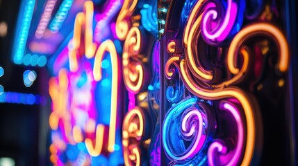 Aufkleber - Vibrant neon signs illuminate a city night scene with intricate designs and glowing colors.