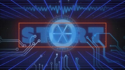 Poster - Circuit patterns with START text in blue on futuristic digital animation interface