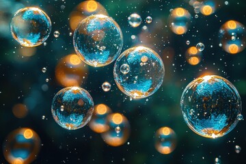 Aufkleber - Colorful bubbles float gently in the air, capturing light against a dark background, creating a magical atmosphere