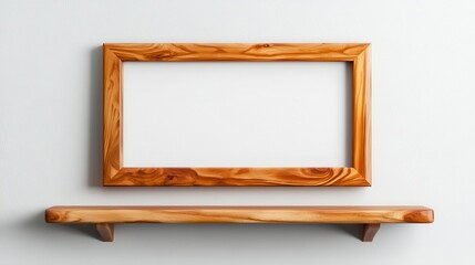 Wall Mural - Wooden shelf displaying a horizontal picture frame against a simple white wall for mockup and design presentation