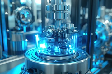 Poster - a sophisticated machinery with gears and intricate components bathed in blue light, showcasing preci
