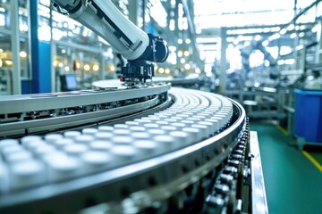Poster - close up of a robotic arm working on a production line in a factory, with focus on automated manufac