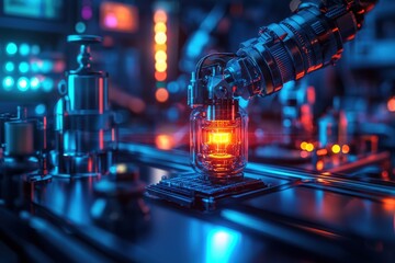 Poster - futuristic robotic arm carefully examines a glowing core within a transparent container in a neon-li