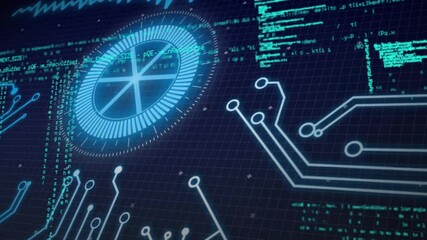 Poster - Futuristic digital interface with circuit patterns and data processing animation